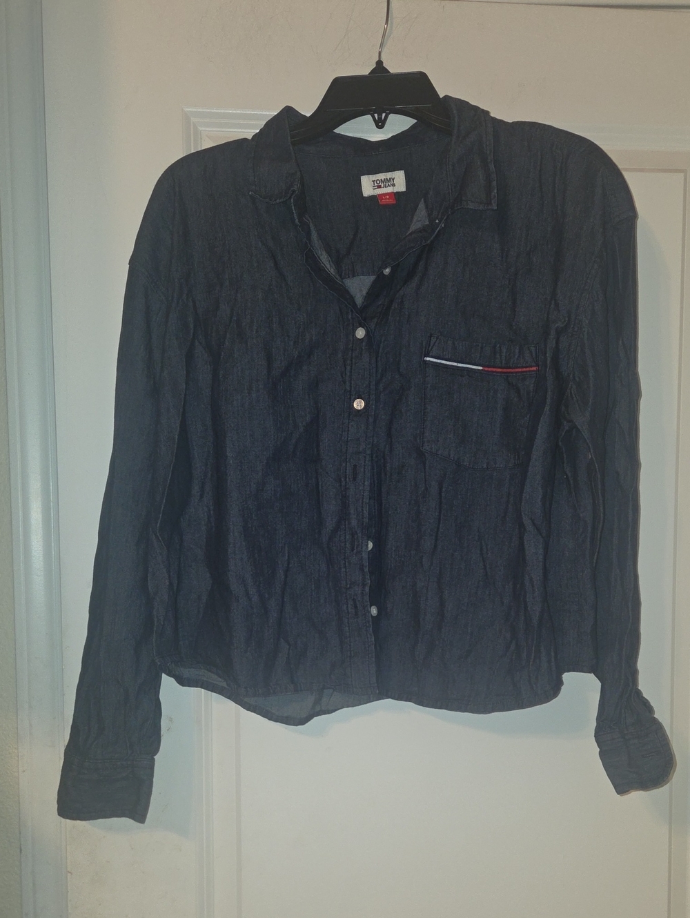 Tommy Hilfiger Dark Blue Denim-Style Button-Down Shirt with Pocket Trim